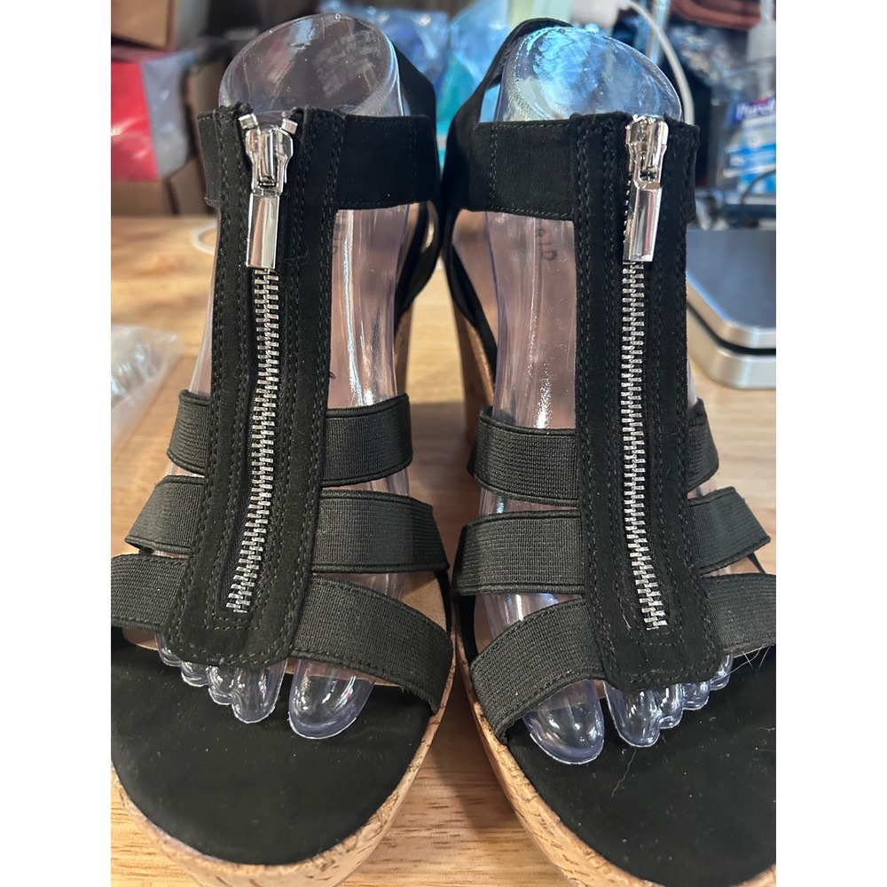 Torrid Wedge Sandals Women 11.5WW Black Cork Platform Zipper Strappy - Picture 4 of 11